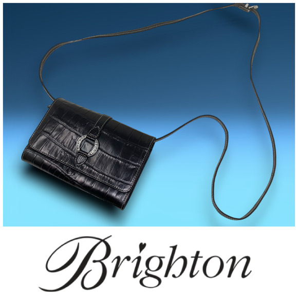Brighton Black Reptile Embossed Leather Checkbook Wallet + Crossbody Strap - Picture 1 of 9